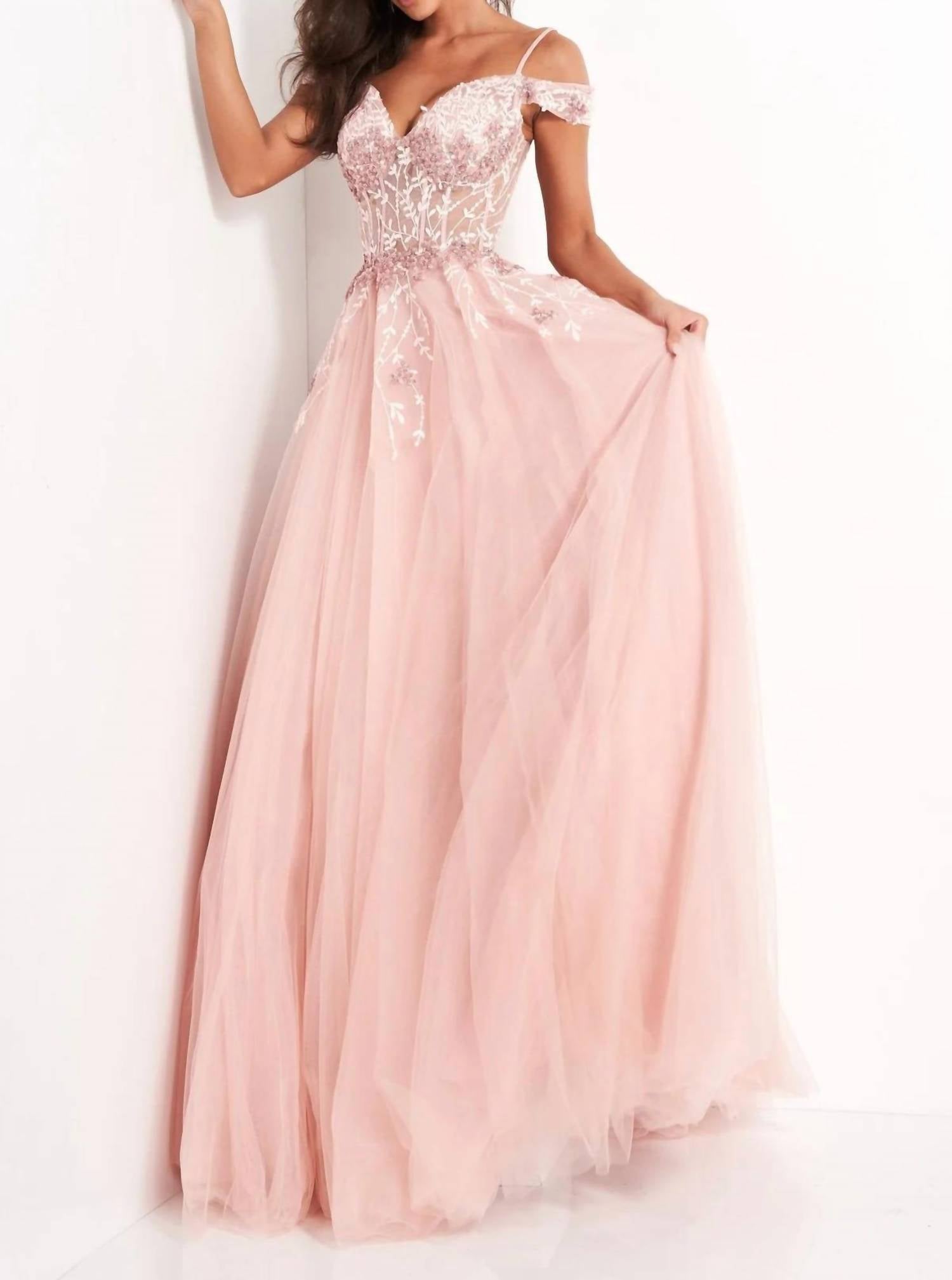 JOVANI Floral Ornate Corset Tulle Dress in blush - women's dress