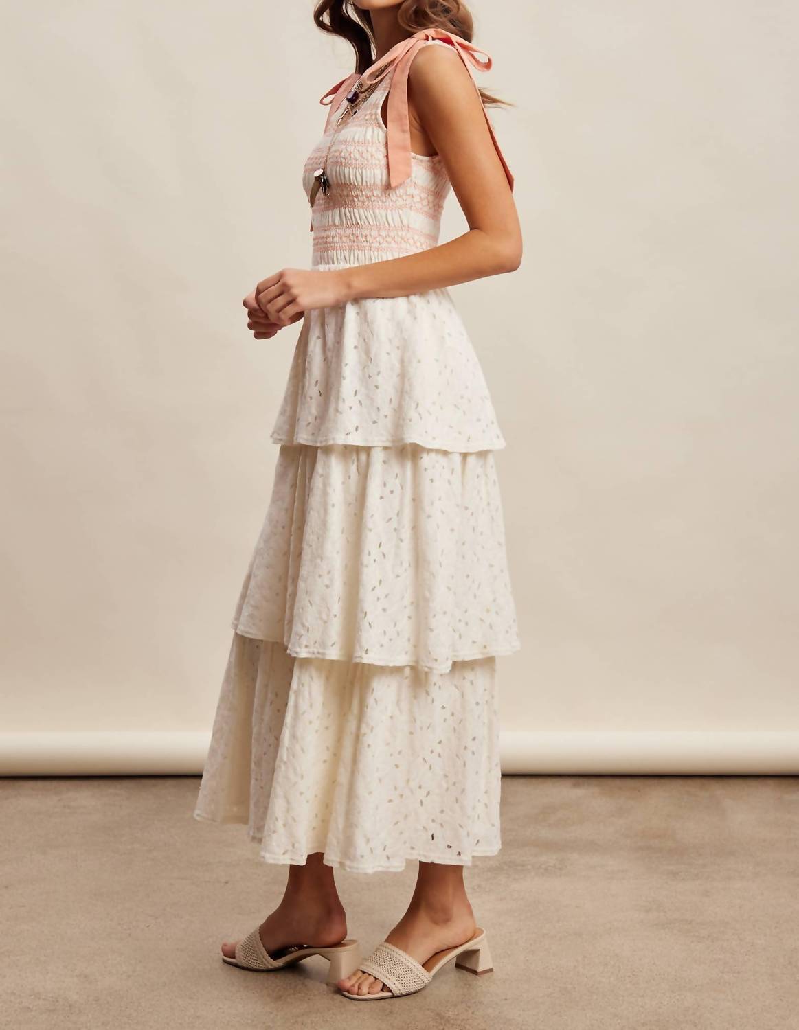 Listicle - Smocked Tie Shoulder Lace Maxi Dress