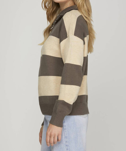 She + Sky - LONG SLEEVE HALF ZIP STRIPED SWEATER