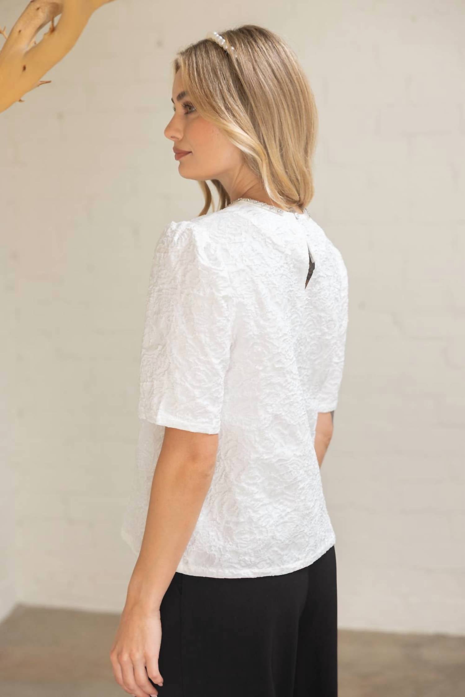 Voy - Rhinestone Bow Shape Floral Jacquard Top
