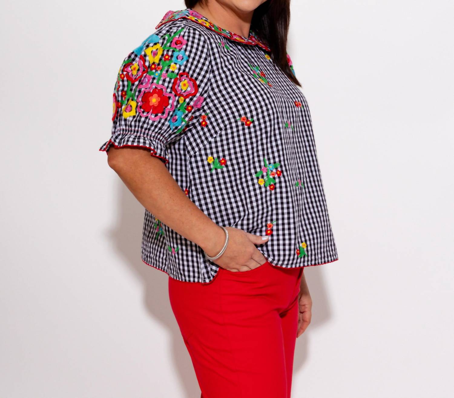 Ivy Jane Gingham Garden Top in black white - women's blouse - detail view