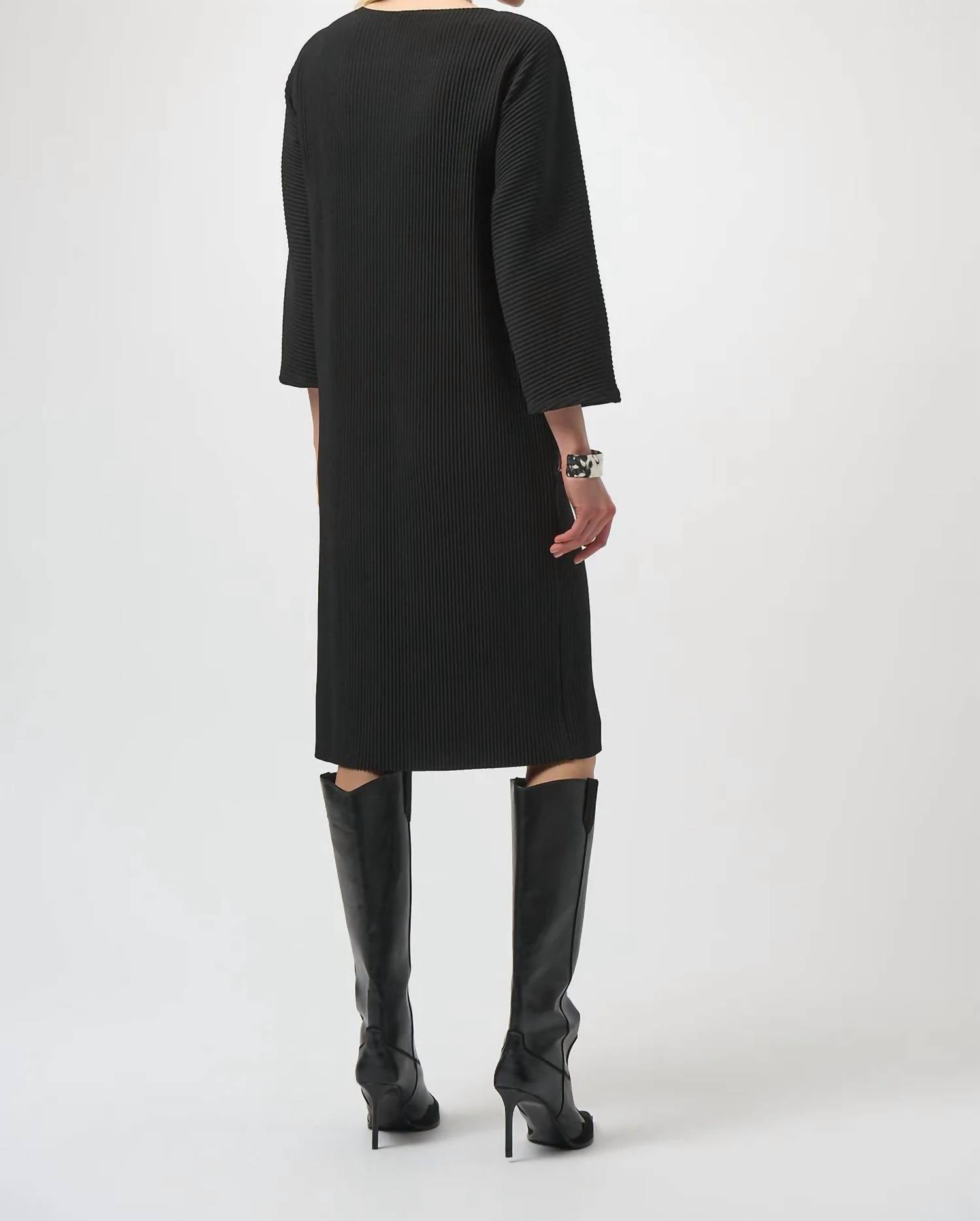 Joseph Ribkoff Crew Neck 3/4 Sleeves Pleated Dress in black - women's dress - detail view