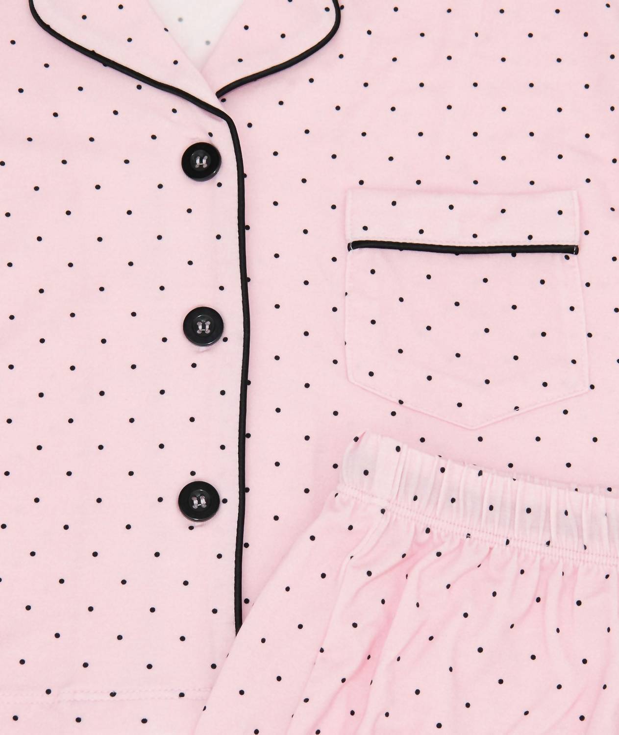 Katie J NYC Lily Cropped Shorts Pajama Set in pink micro dots - kids' sleepwear - detail view