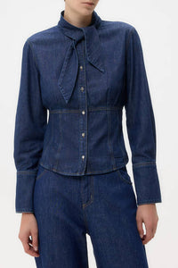 TWP Women's Fifi's Tailored Tie-neck Denim Shirt in dark stone - women's shirt