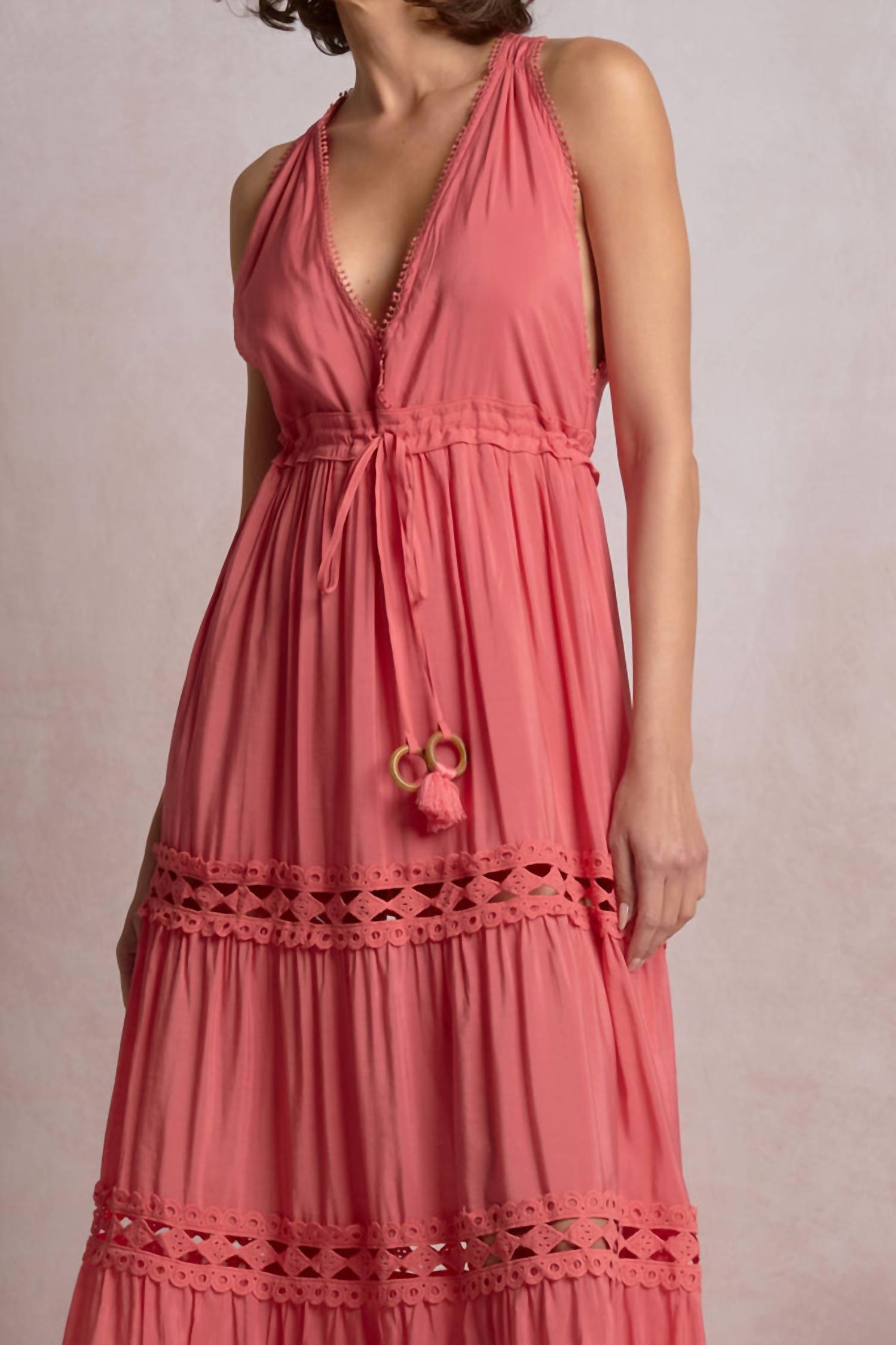 ELAN Sleeveless V-neck Lace Border Maxi Dress in pink - women's dress - alternate view