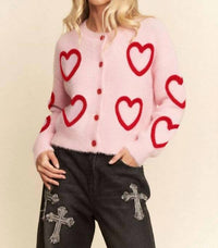 Davi & Dani - Fuzzy Heart Pattern Soft Texture Cardigan - Plus