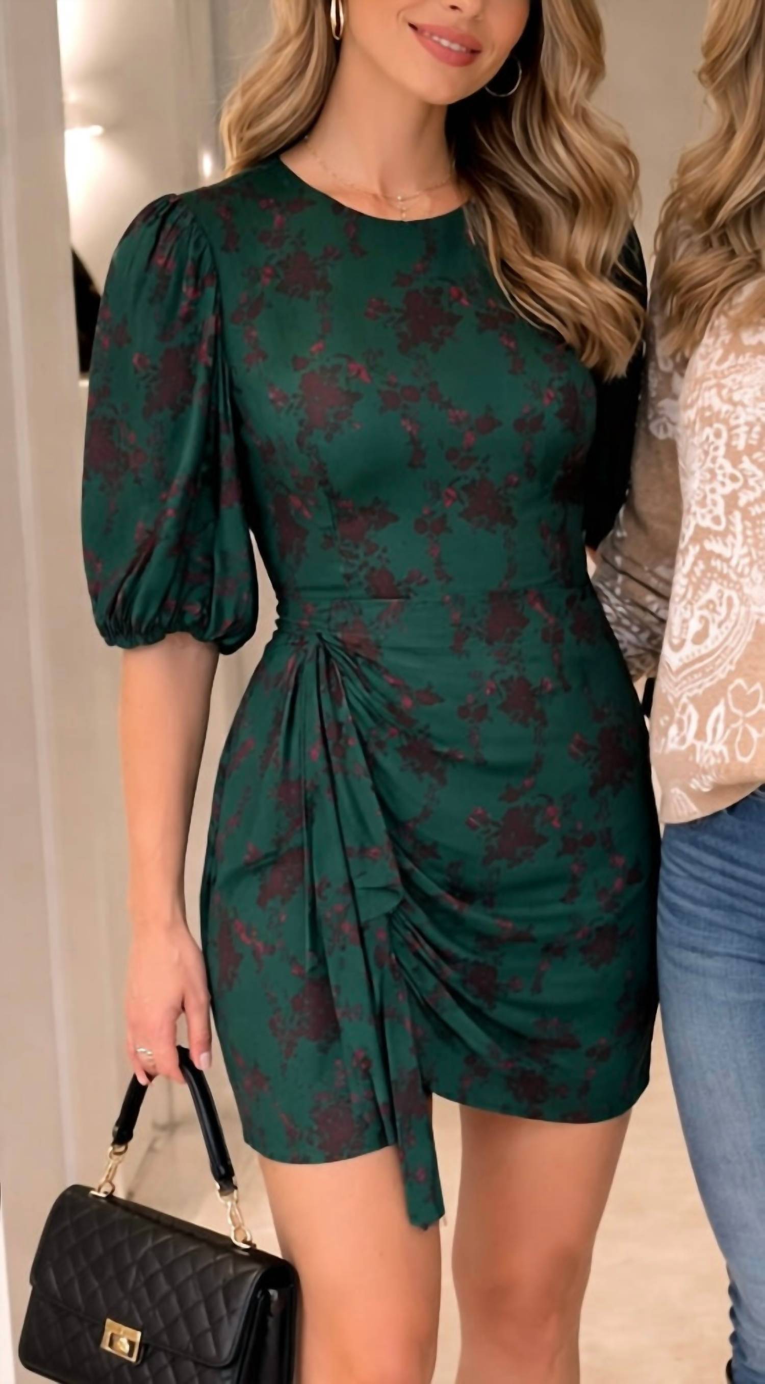 LAVENDER BROWN Floral Print Long Sleeve Mini Dress in green - women's dress
