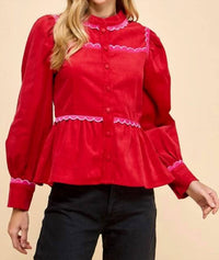 Tcec - Women's Corduroy Scallop Detail Button Up Top