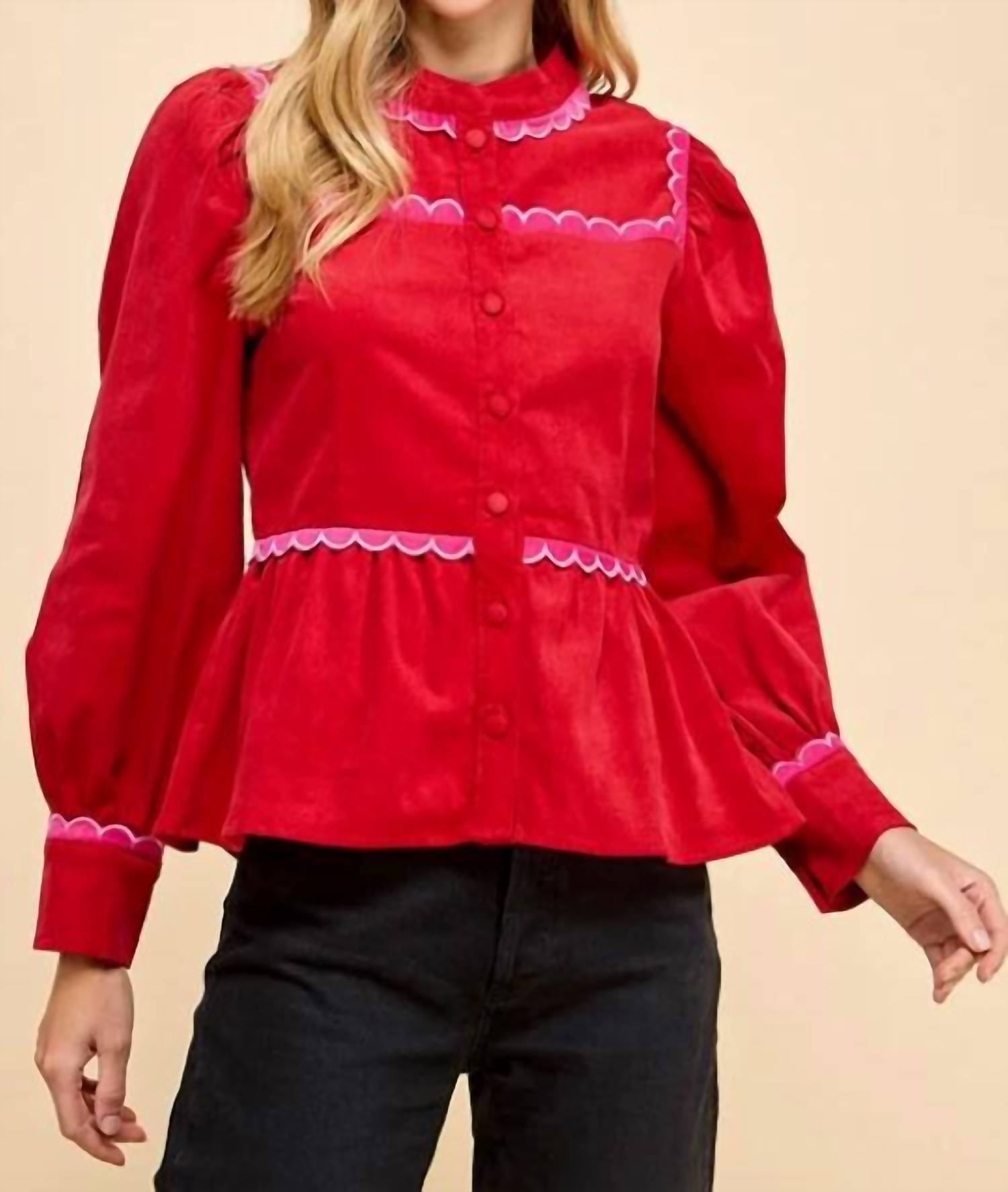 Tcec - Women's Corduroy Scallop Detail Button Up Top