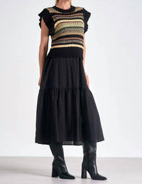 ELAN Knit Top Midi Crew Neck Woven Top Dress in black - women's dress - detail view