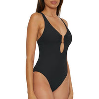 BECCA Women's Ribbed Plunge Neck Tie Back One Piece Swimsuit in black - women's swimwear - alternate view