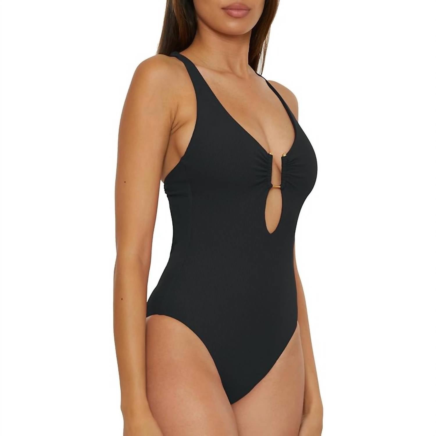 BECCA Women's Ribbed Plunge Neck Tie Back One Piece Swimsuit in black - women's swimwear - alternate view