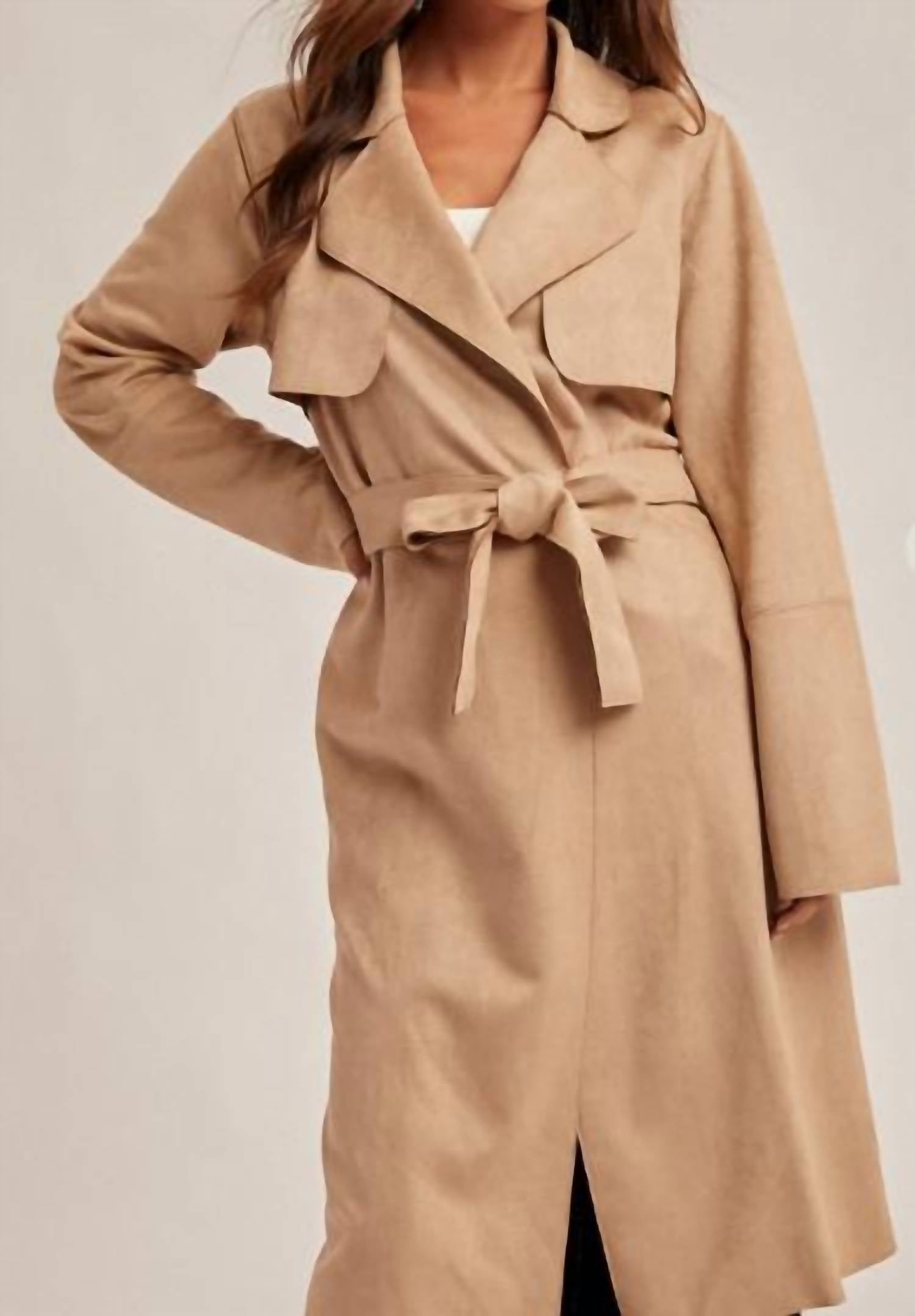 Mystree - Microsuede Belted Trench Coat
