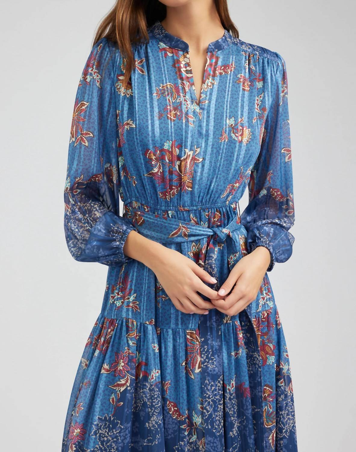 Current Air - Floral Mandarin Collar Midi Dress