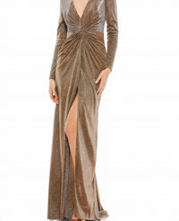 Mac Duggal - Women's Metallic Twist Front Plunging Long Sleeve Gown