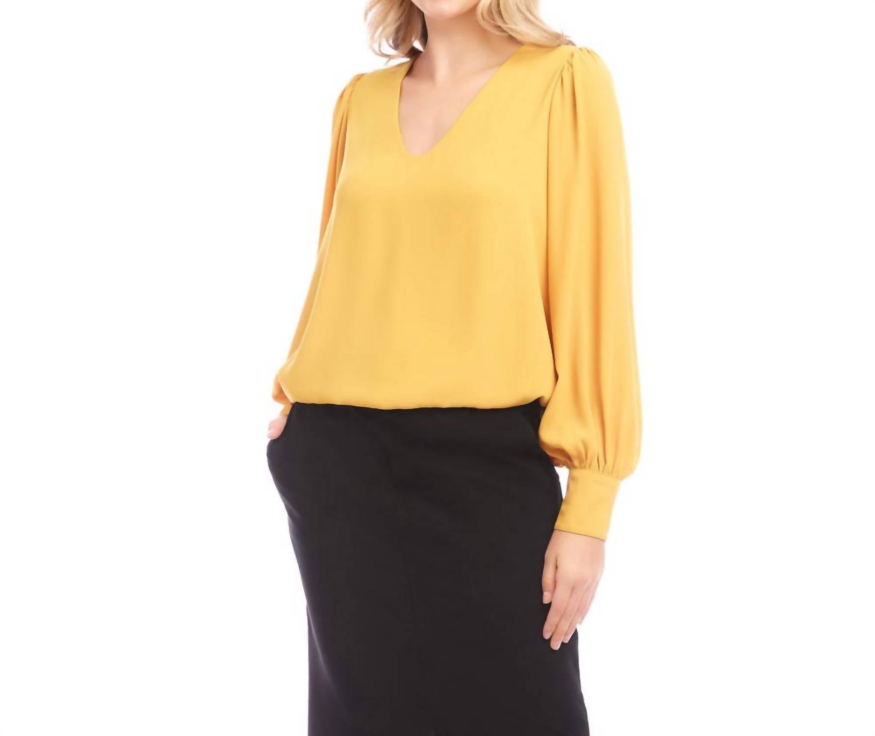 Karen Kane Puff Sleeve V-neck Top - Petite in gold - women's long sleeve top - alternate view