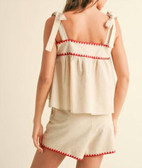 Miou Muse - Linen Tape Detailed Tie Sleeve Top