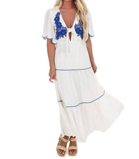 Blue Blush - Embroidered Dreams Tiered Midi Dress