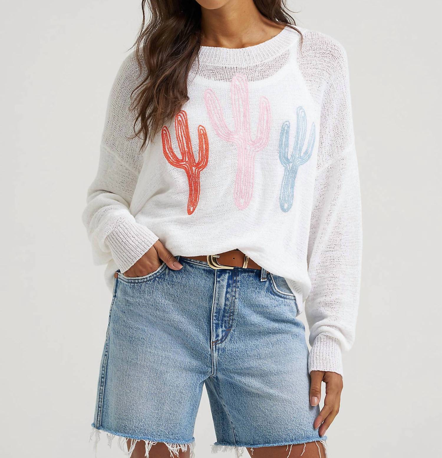 Wrangler Retro Americana Spring Cacti Crew Sweater in white - women's sweater