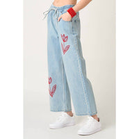 mittoshop Ainsley Tulip Embroidery Wide Leg Jeans in light wash - women's jeans - detail view