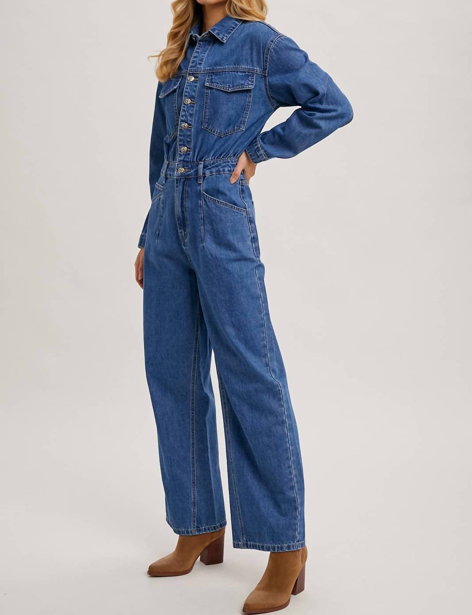 Bluivy - Button Down Denim Straight Leg Jumpsuit