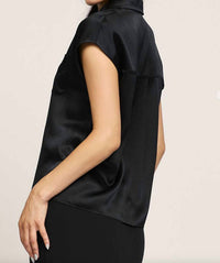current air Mandi Cap Sleeve Classic Silk Button Down Blouse in black - women's blouse