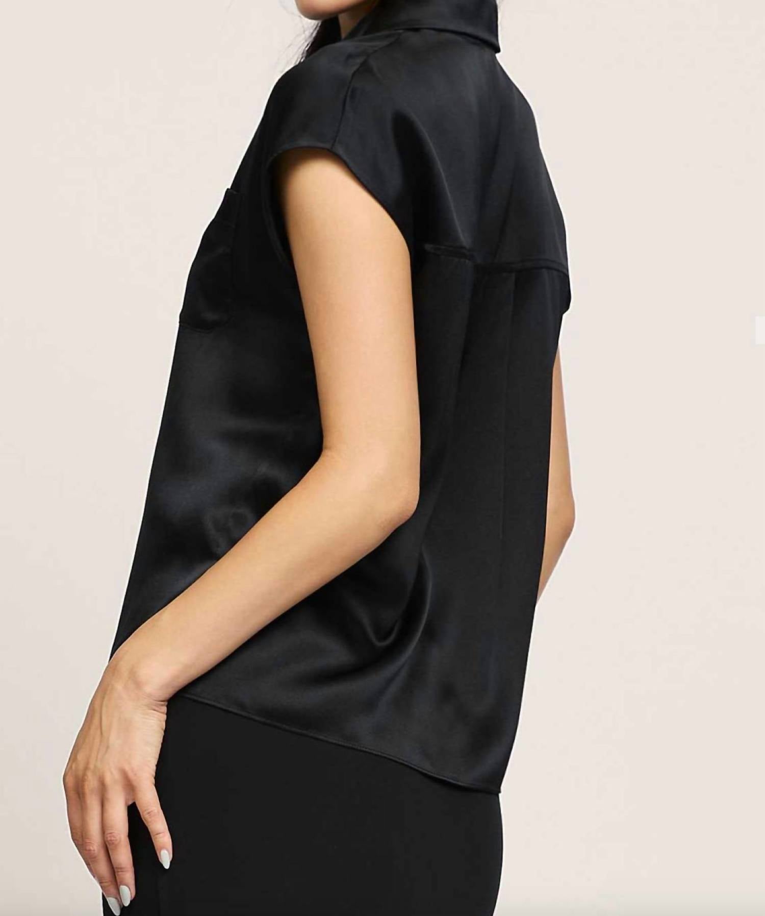 current air Mandi Cap Sleeve Classic Silk Button Down Blouse in black - women's blouse
