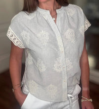 See U Soon - Women's Embroidered Stripe Button Up Top