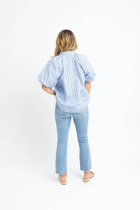 Karlie Striped Poplin Bubble Sleeve Top in blue - women's blouse - alternate view