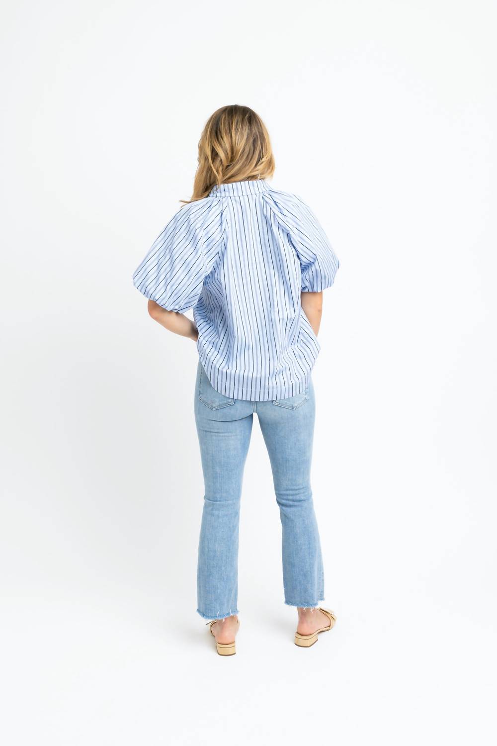 Karlie Striped Poplin Bubble Sleeve Top in blue - women's blouse - alternate view