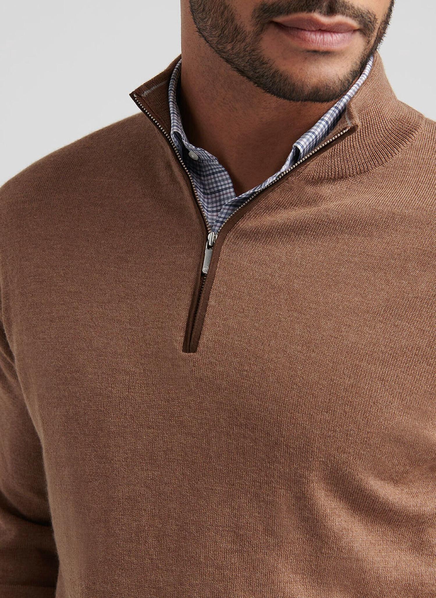 PETER MILLAR Autumn Crest Suede Trim Quarter Zip Sweater in british tan - men's sweater - alternate view