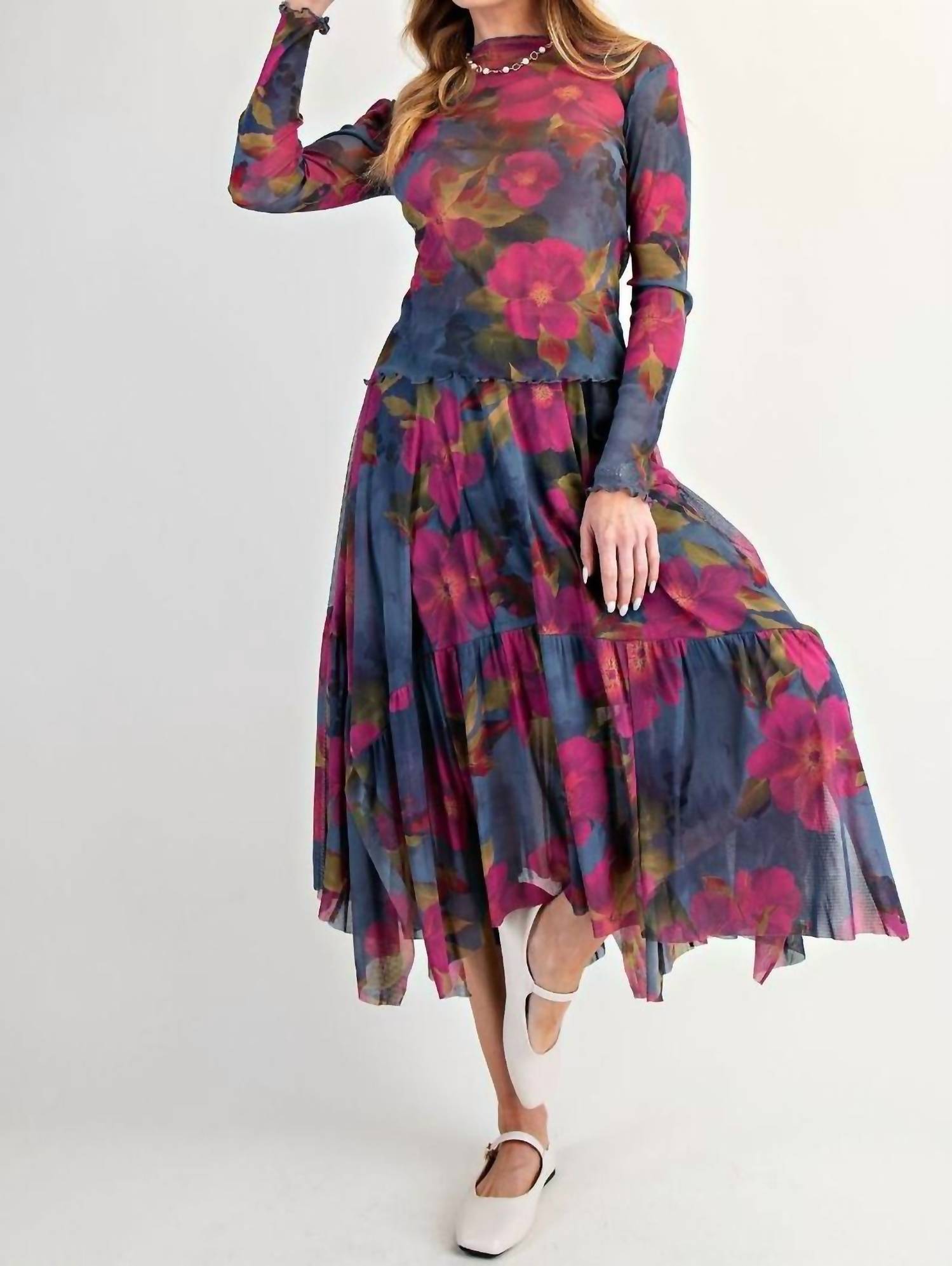 Easel Floral Mesh Fitted Top in indigo magenta - women's long sleeve top - alternate view