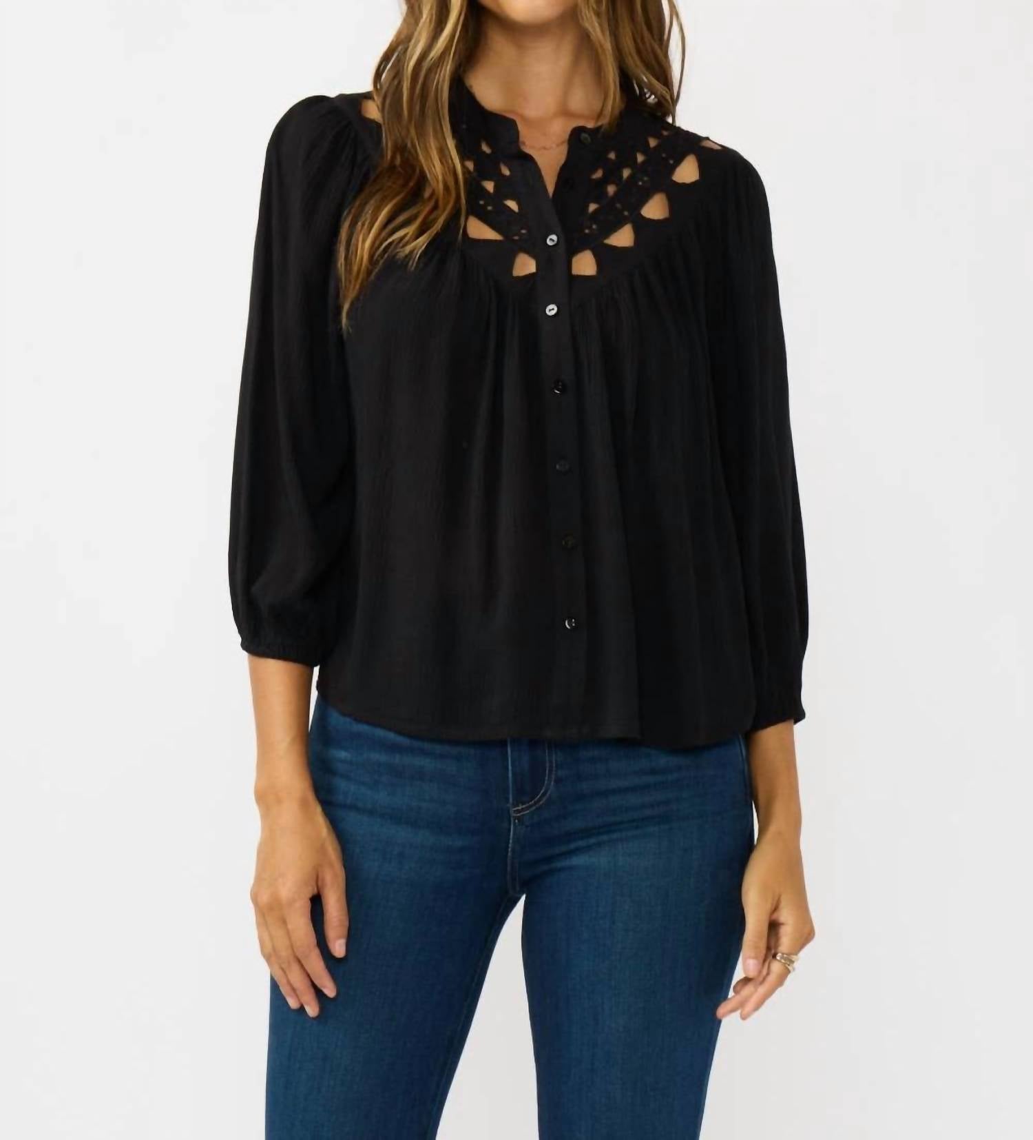 Lovestitch - Embroidered Cutout Yoke Button Down Blouse