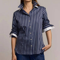 Hinson Wu Margot Long Sleeve Blouse in stripe french grey midnight - women's shirt