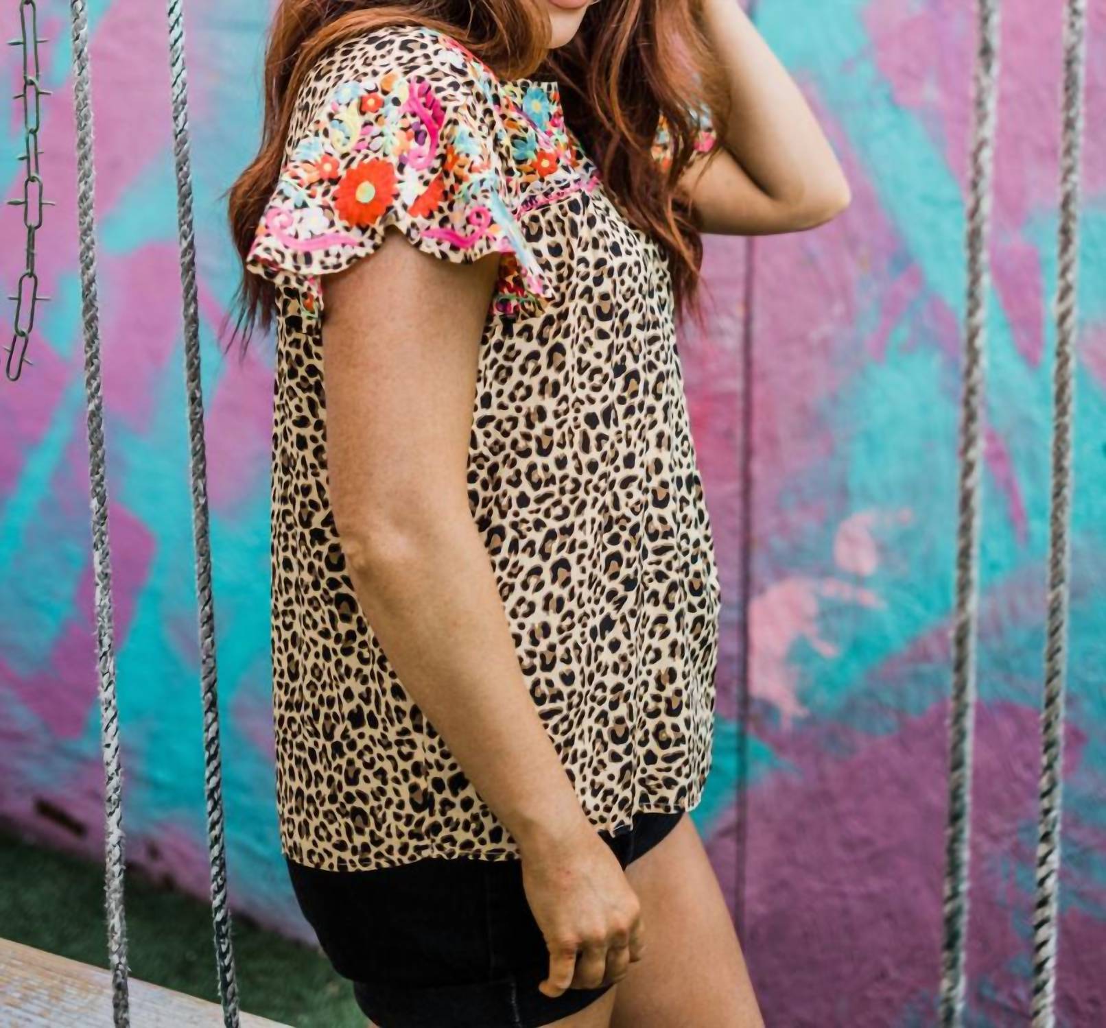 Layerz Clothing - Floral Embroidered Leopard Top