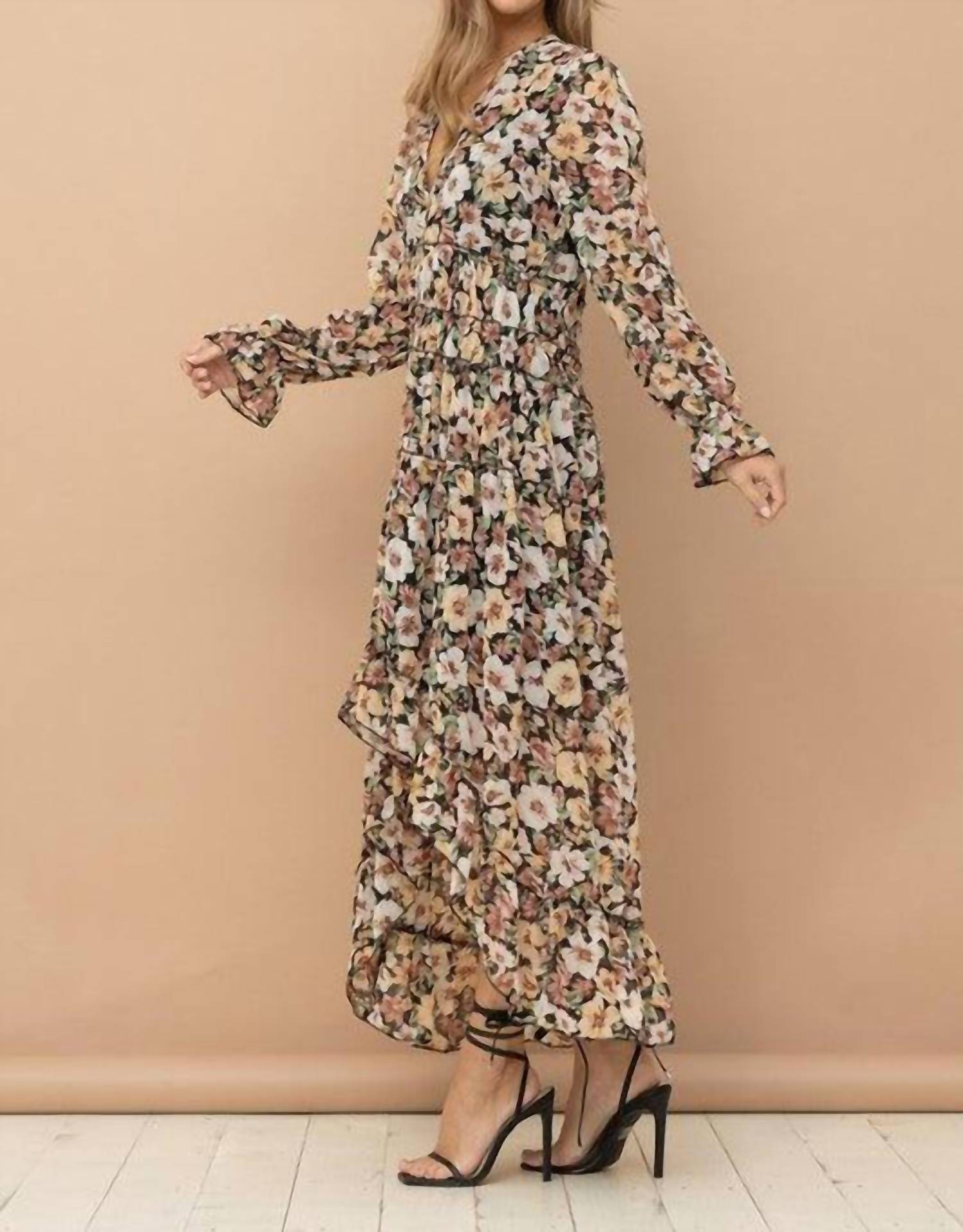 Blue B Floral Print Chiffon Tiered Maxi Dress in black floral - women's dress - detail view