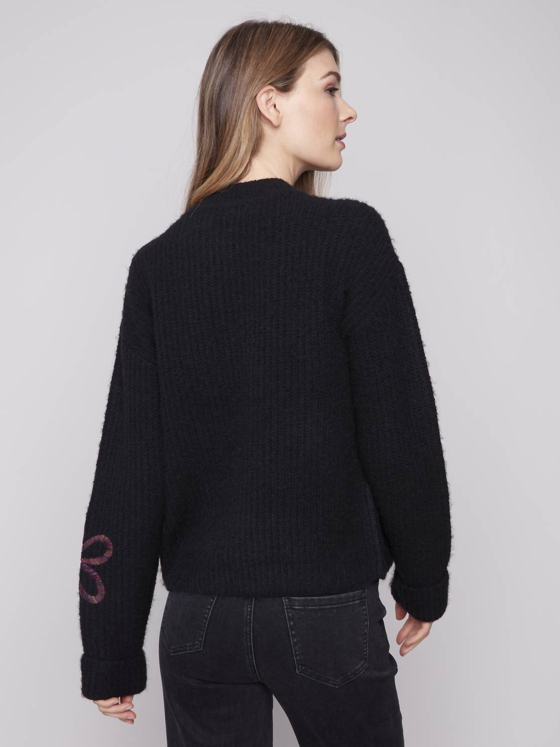 Charlie B - Long Sleeve Mock Neck Sweater With Embroidered Flowers