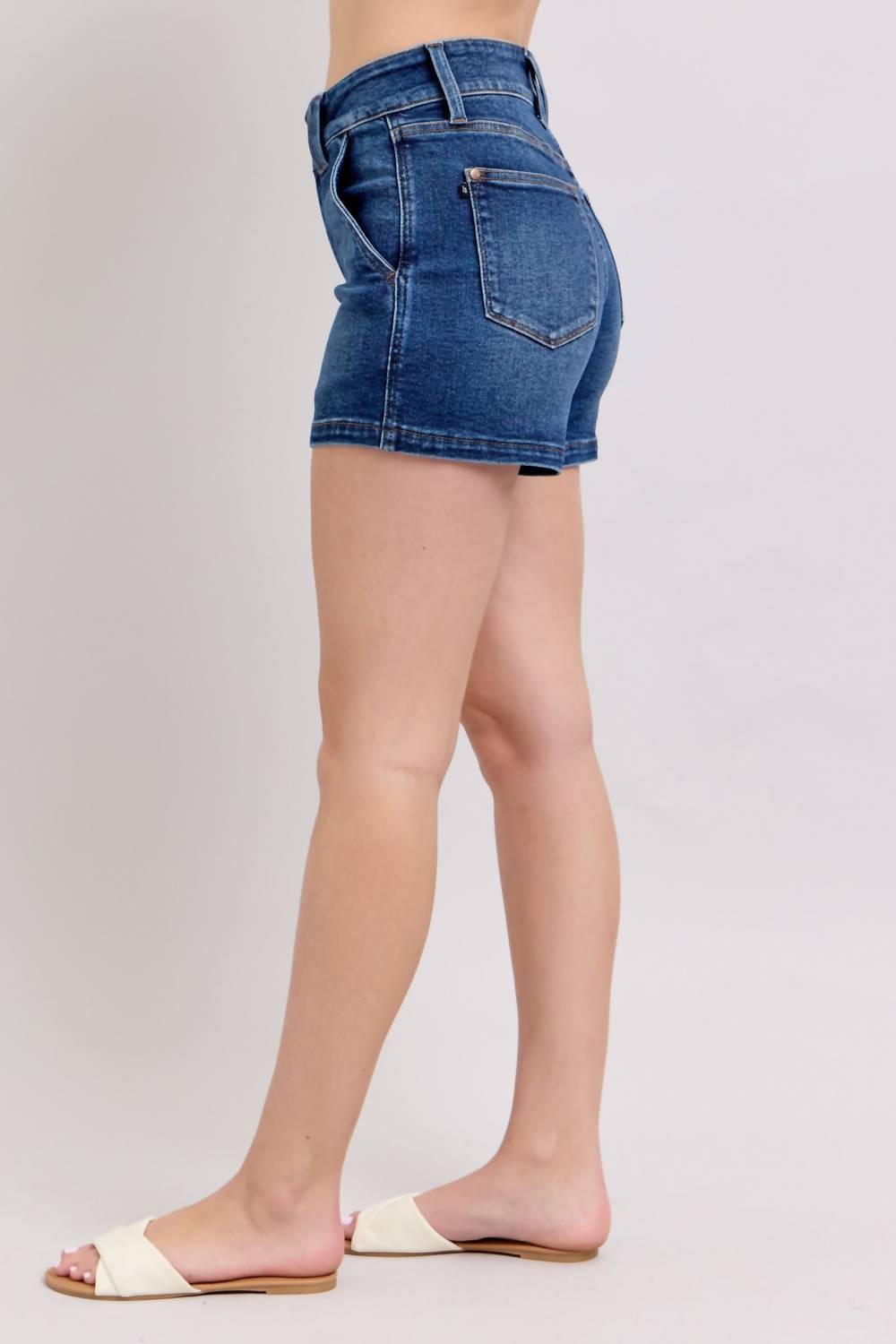 Judy Blue High Waist Double Button Waistband Shorts in blue - women's shorts - detail view