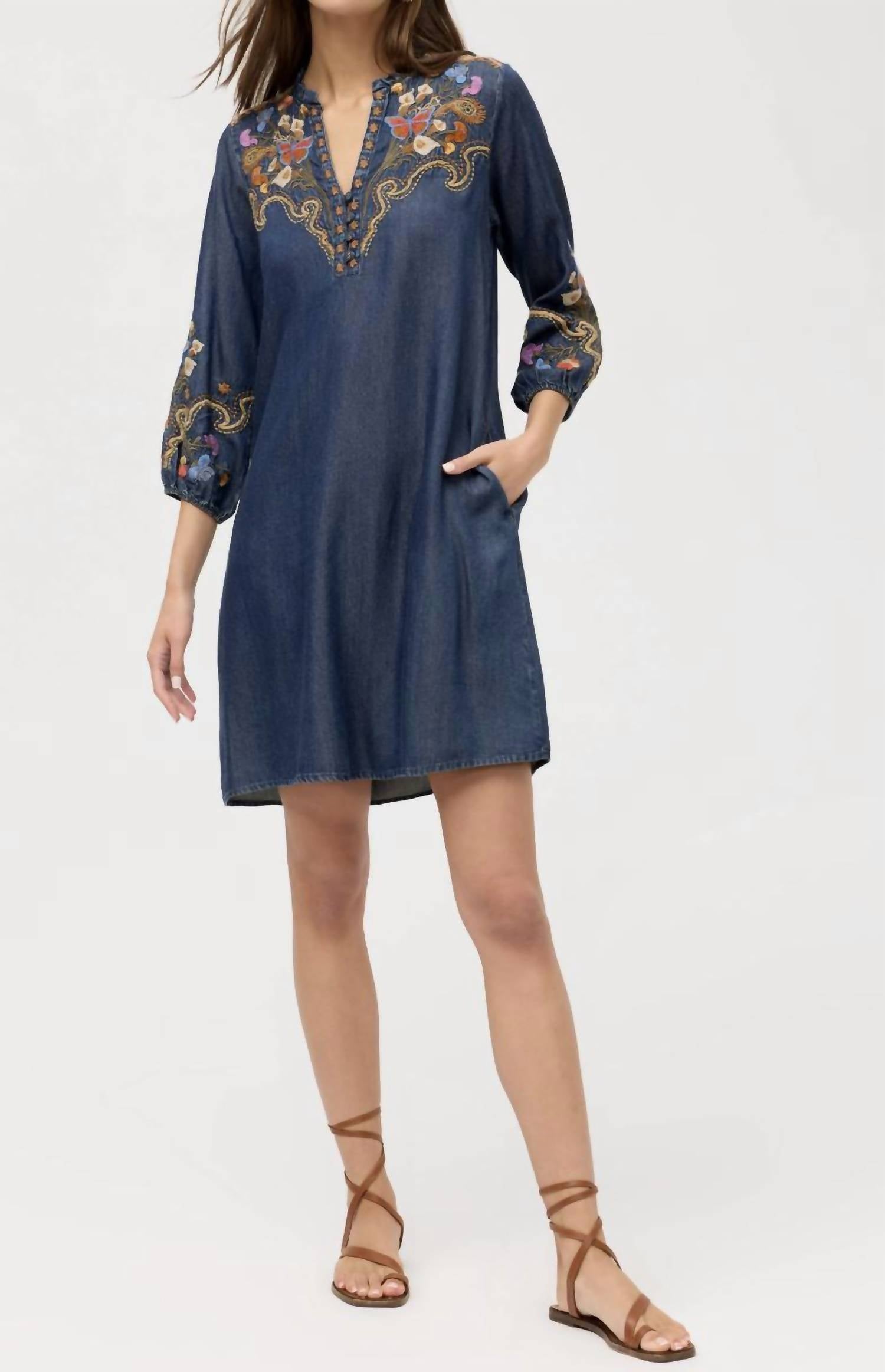 Johnny Was Ruffle Field Durago Dress in denim blue - women's dress