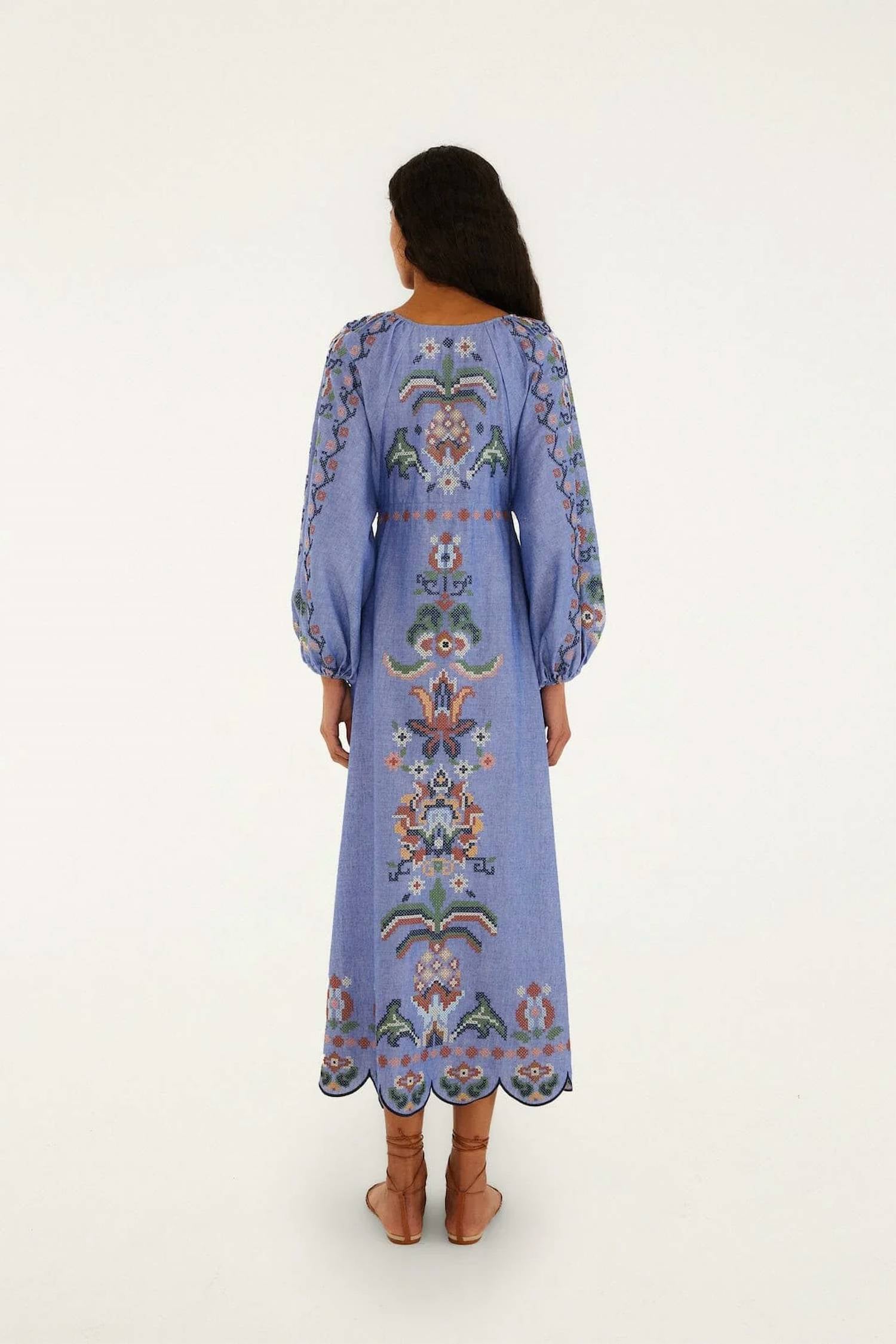 Farm Rio - Embroidered Long Sleeve Midi Dress