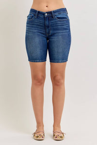 Judy Blue Mid Rise Bermuda Denim Short in blue - women's shorts