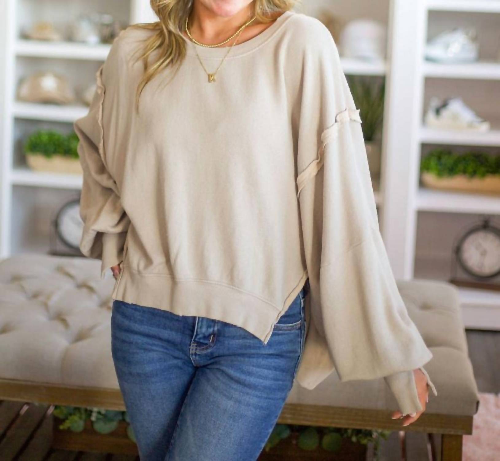 By Together Cropped Sweatshirt With Cuffed Sleeve in light taupe - women's top - view 4