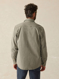 Faherty Sunwashed Canvas Cpo Shirt in aspen olive - men's shirt - detail view