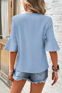 Shewin - Baby Blue Ruffled Short Sleeve V Neck