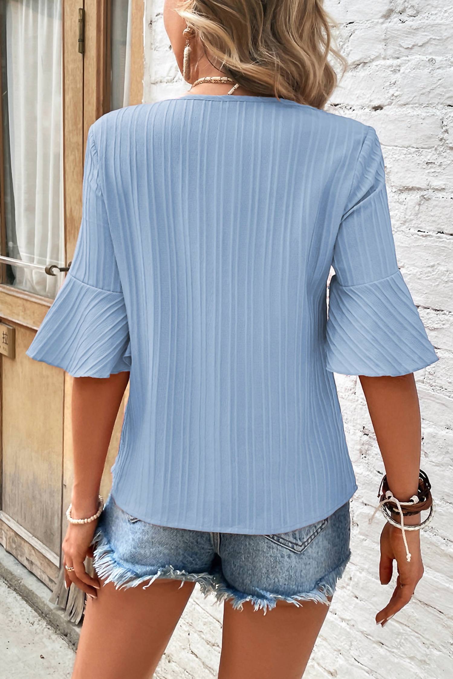 Shewin - Baby Blue Ruffled Short Sleeve V Neck