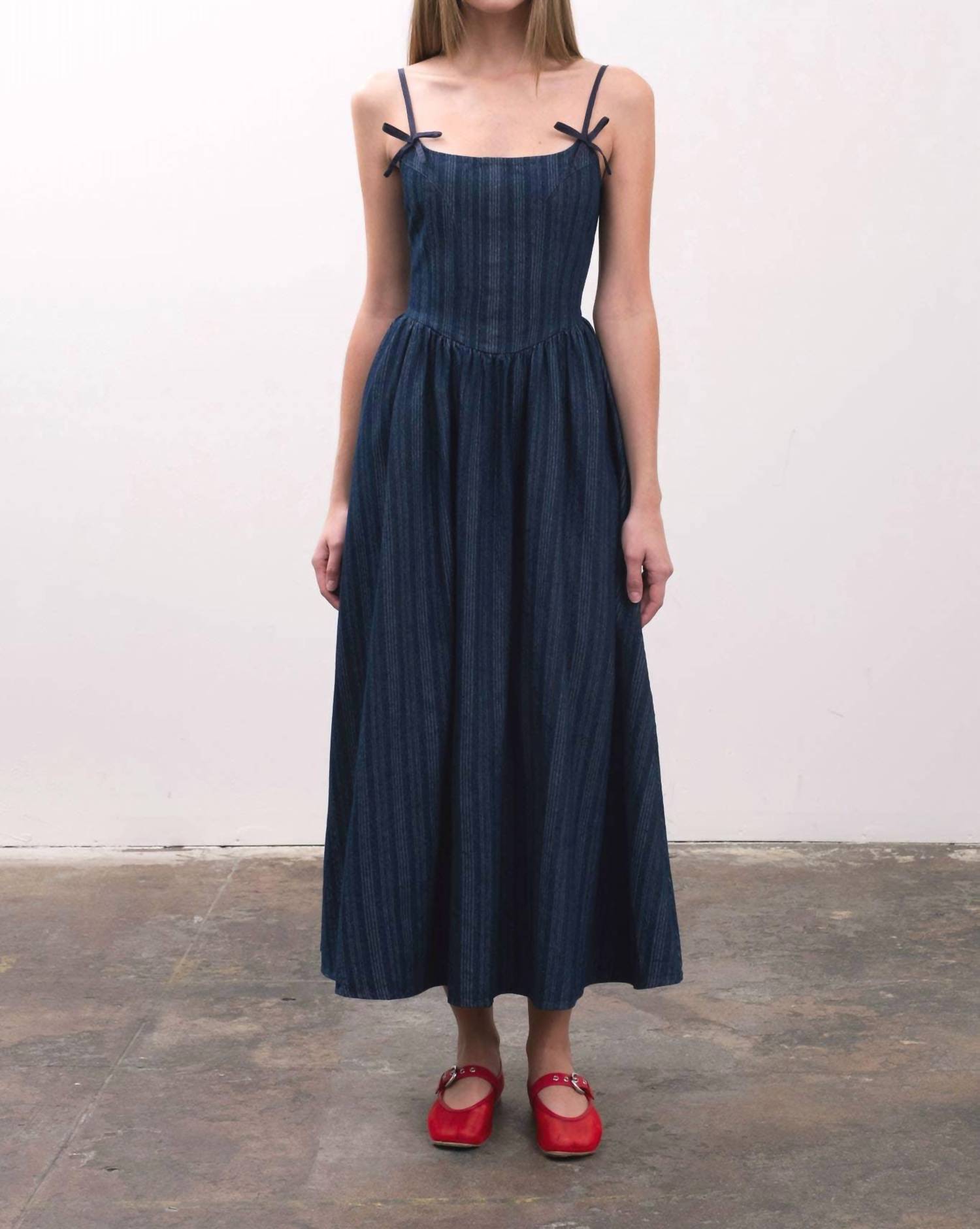 Moon River - Bow Denim Midi Dress
