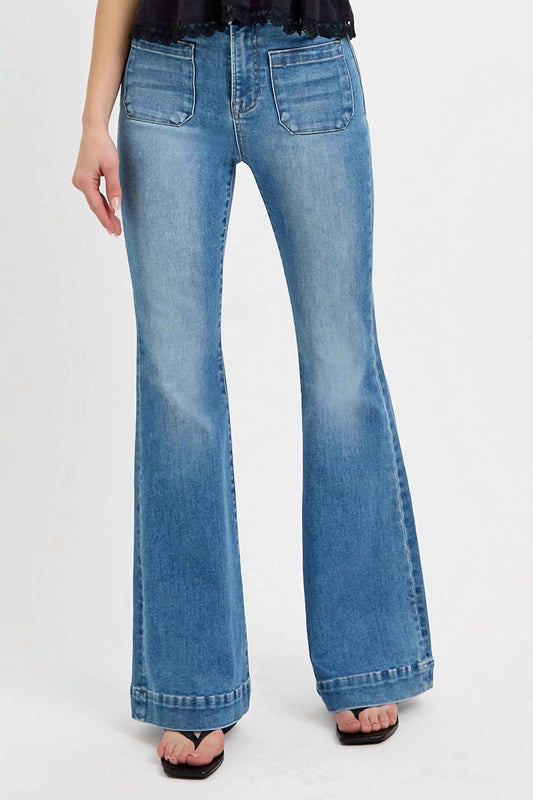 Risen - Elastic Band High Rise Flare Front Patch Pocket Jeans