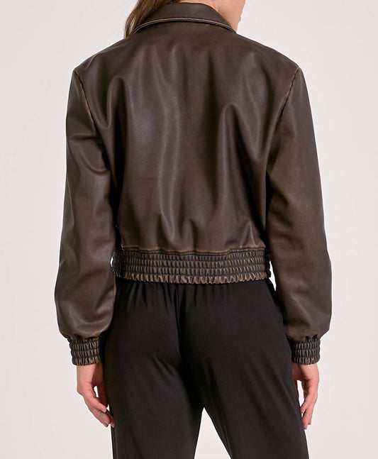 Elan - Genuine Leather Cropped Bomber Jacket