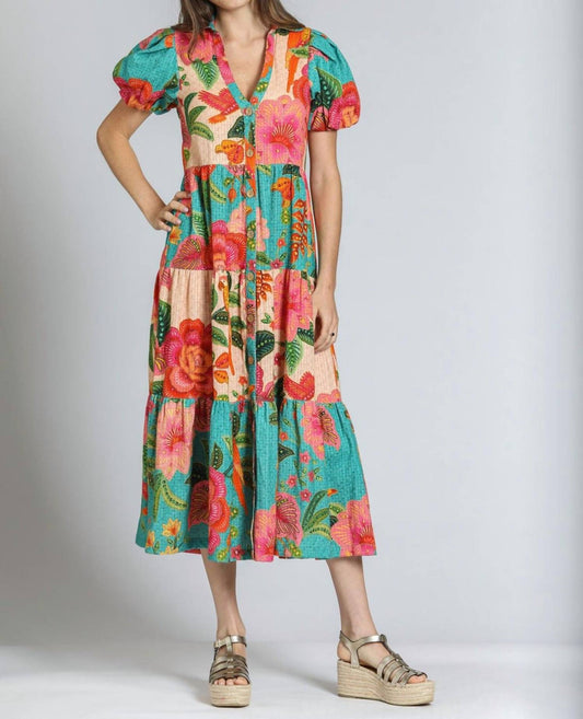 Apny - Mixed Print Long Tiered Dress
