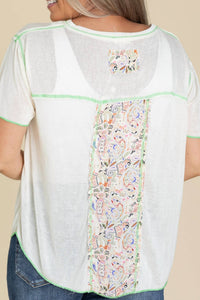 Pol - V-neck Contrast Seam Mixed Print Top